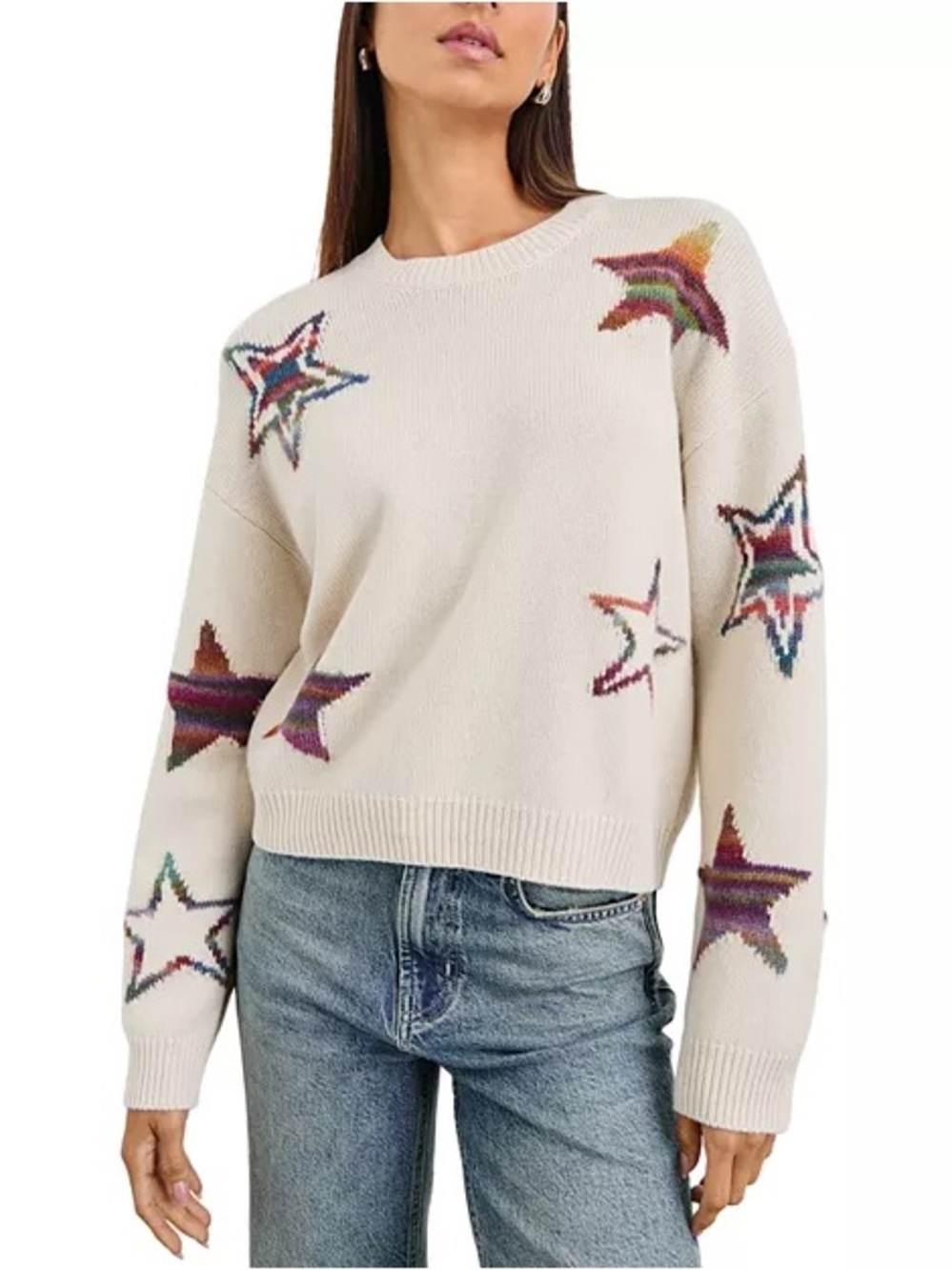 Rails Ivory Star-Pattern Crewneck Sweater NWT XS Oversized Wool Cashmere Blend